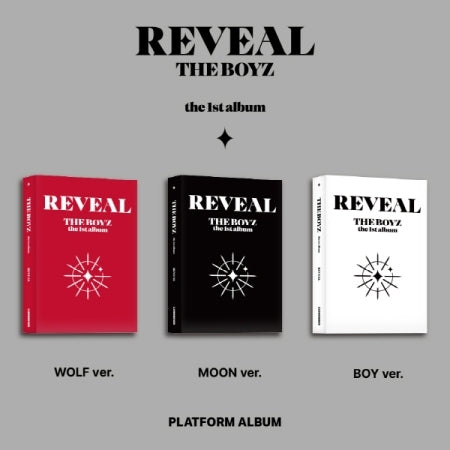 Three versions of THE BOYZ 1st Album - REVEAL displayed side by side. The WOLF version in red, MOON version in black, and BOY version in white, all with a star pattern design.