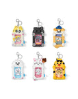 Set of six colorful animal-themed phone case keychains on a white background
